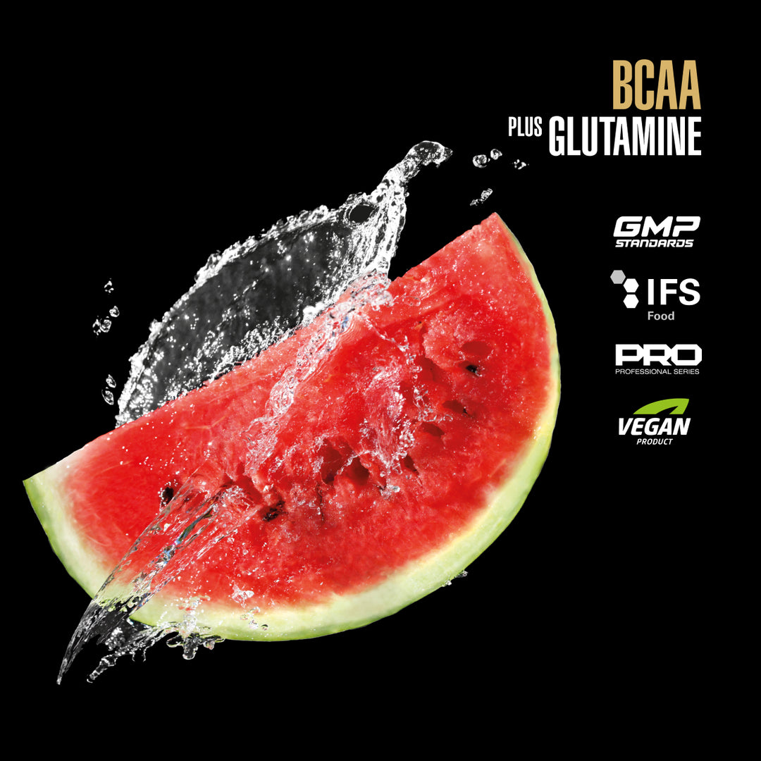 Sliced watermelon with water splashes on a black background, featuring BCAA and Glutamine supplement text.