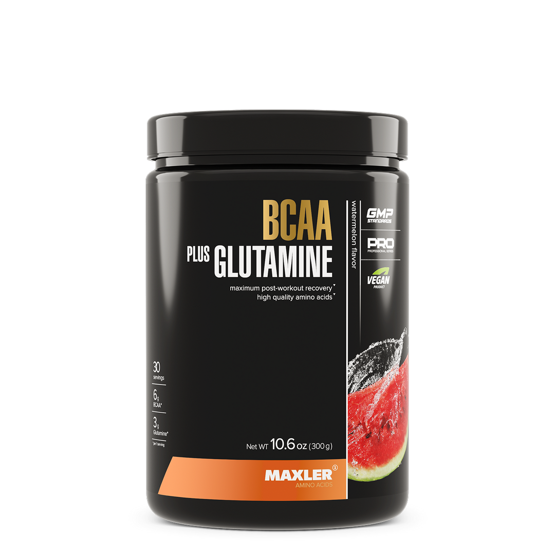 Black supplement container labeled 'BCAA Plus Glutamine' by Maxler on a white background
