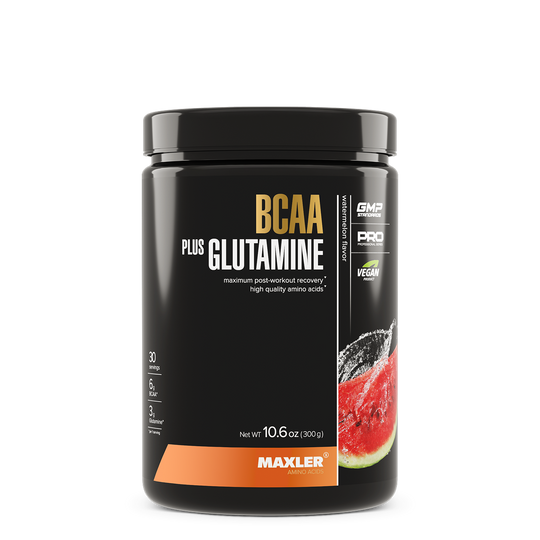 Black supplement container labeled 'BCAA Plus Glutamine' by Maxler on a white background
