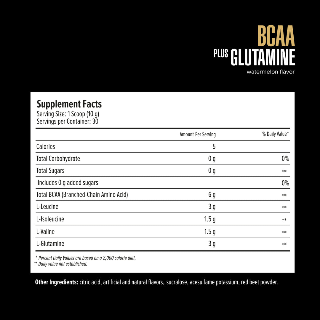 Supplement facts label for BCAA plus Glutamine with watermelon flavor on a black background.