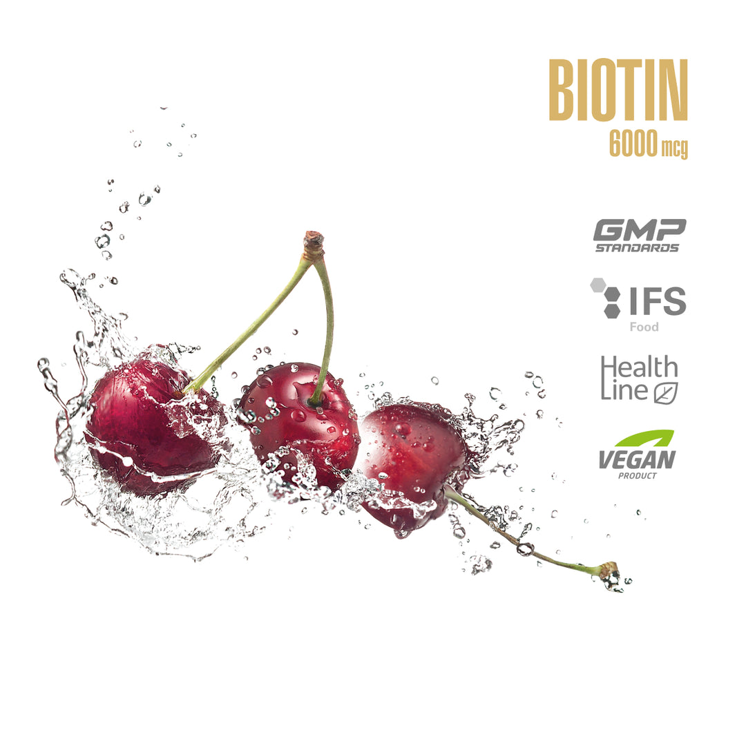 Cherries splashing in water with biotin supplement branding on a white background