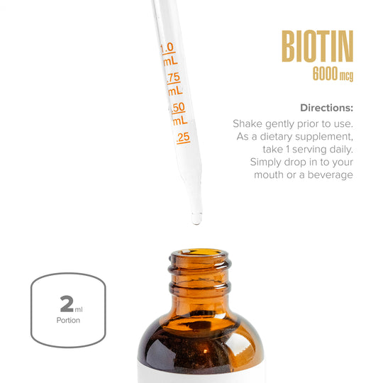 Amber glass bottle with dropper labeled 'Biotin 6000 mcg' on a white background
