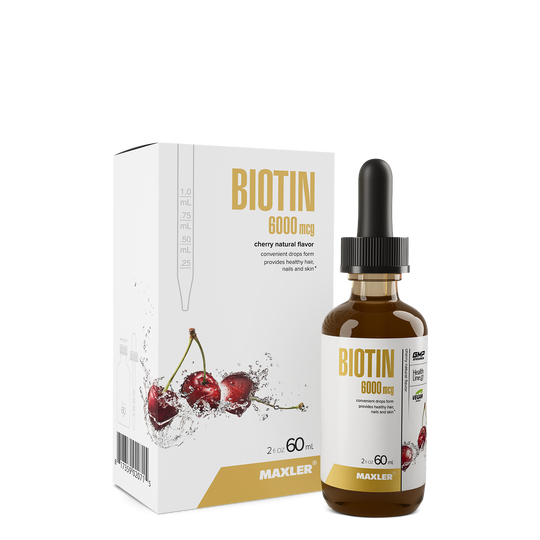 Biotin supplement bottle and packaging with cherry flavor on a white background