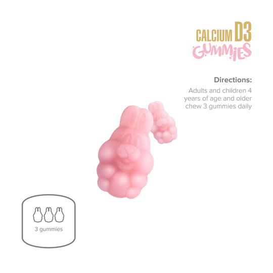 Pink gummy supplement with directions and branding on a white background