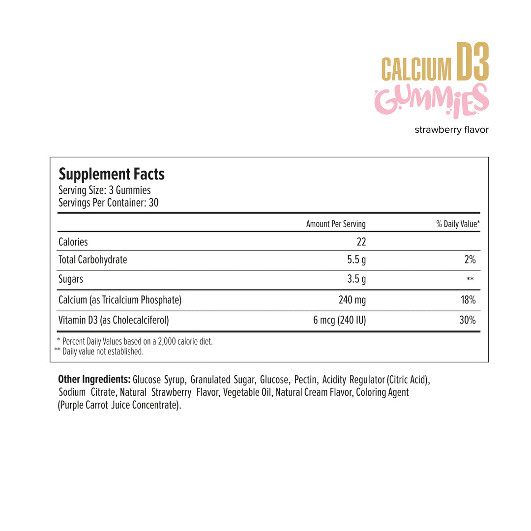 Pink gummy supplement with directions and branding on a white background