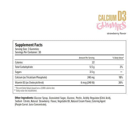 Pink gummy supplement with directions and branding on a white background