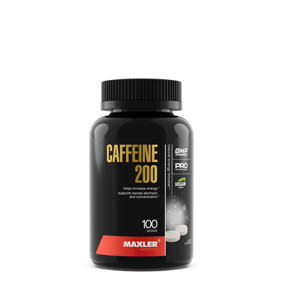 Black supplement bottle labeled 'Caffeine 200' by Maxler on a white background