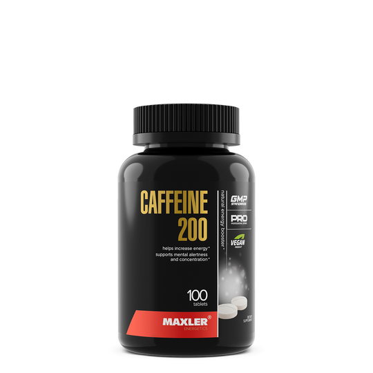 Black supplement bottle labeled 'Caffeine 200' by Maxler on a white background