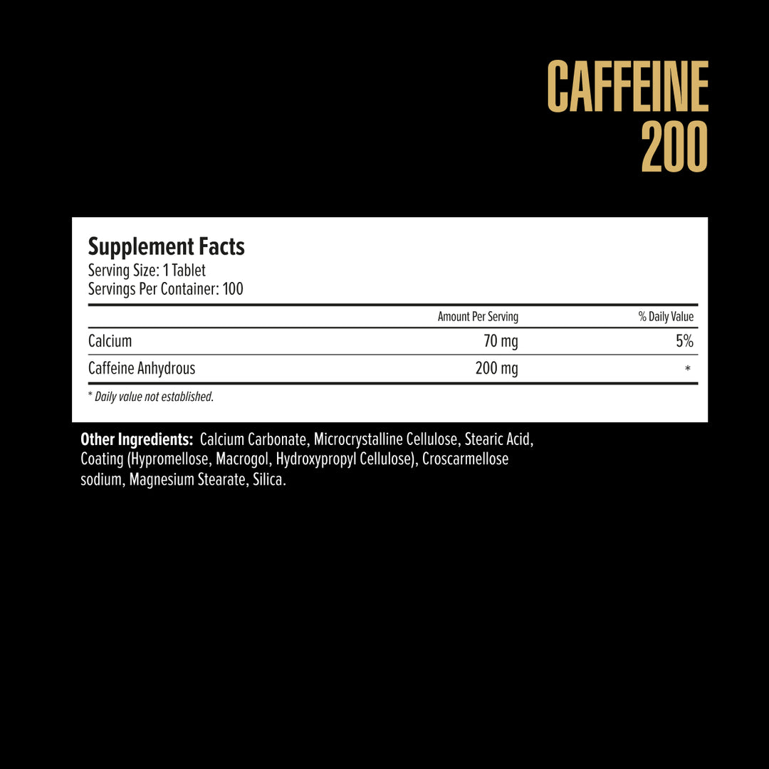 Supplement label with caffeine content on a black background