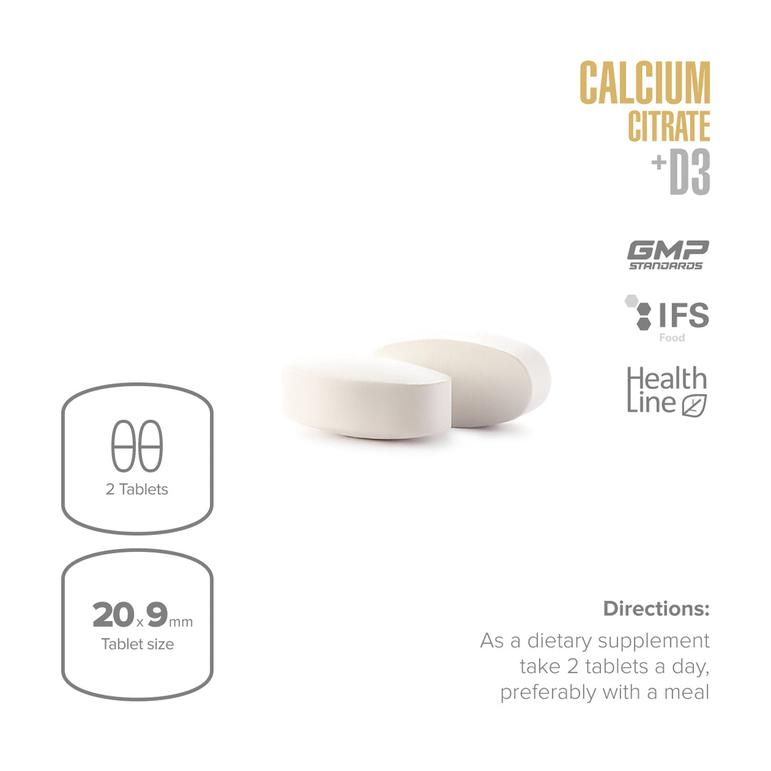 Calcium citrate supplement with tablets on a white background, featuring certification logos and dietary information.