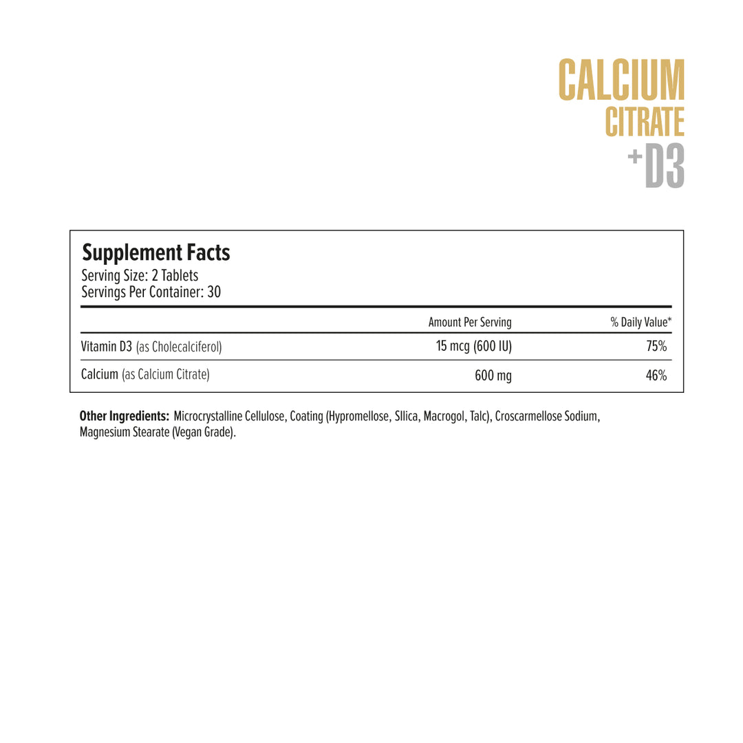 Supplement facts label for Calcium Citrate + D3 on a white background