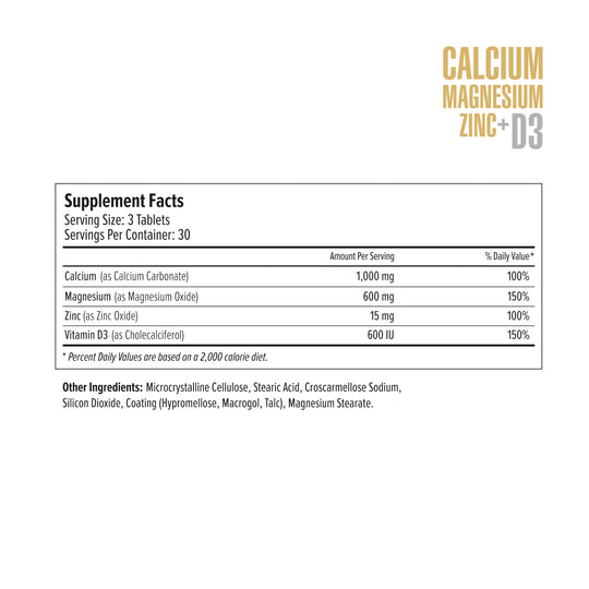 Supplement facts label for Calcium Magnesium Zinc+D3 on a white background