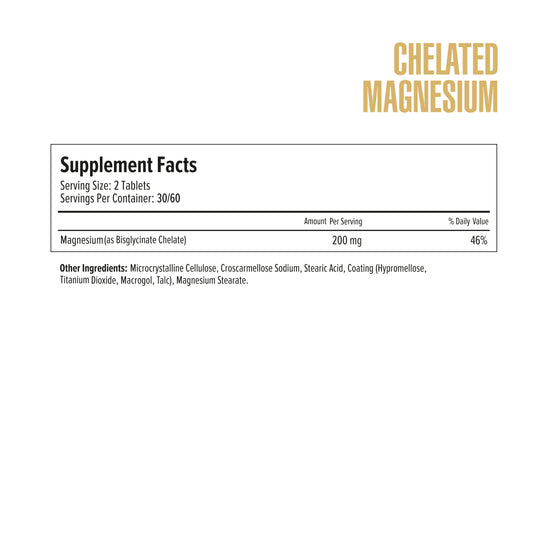 Supplement facts label for chelated magnesium on a white background