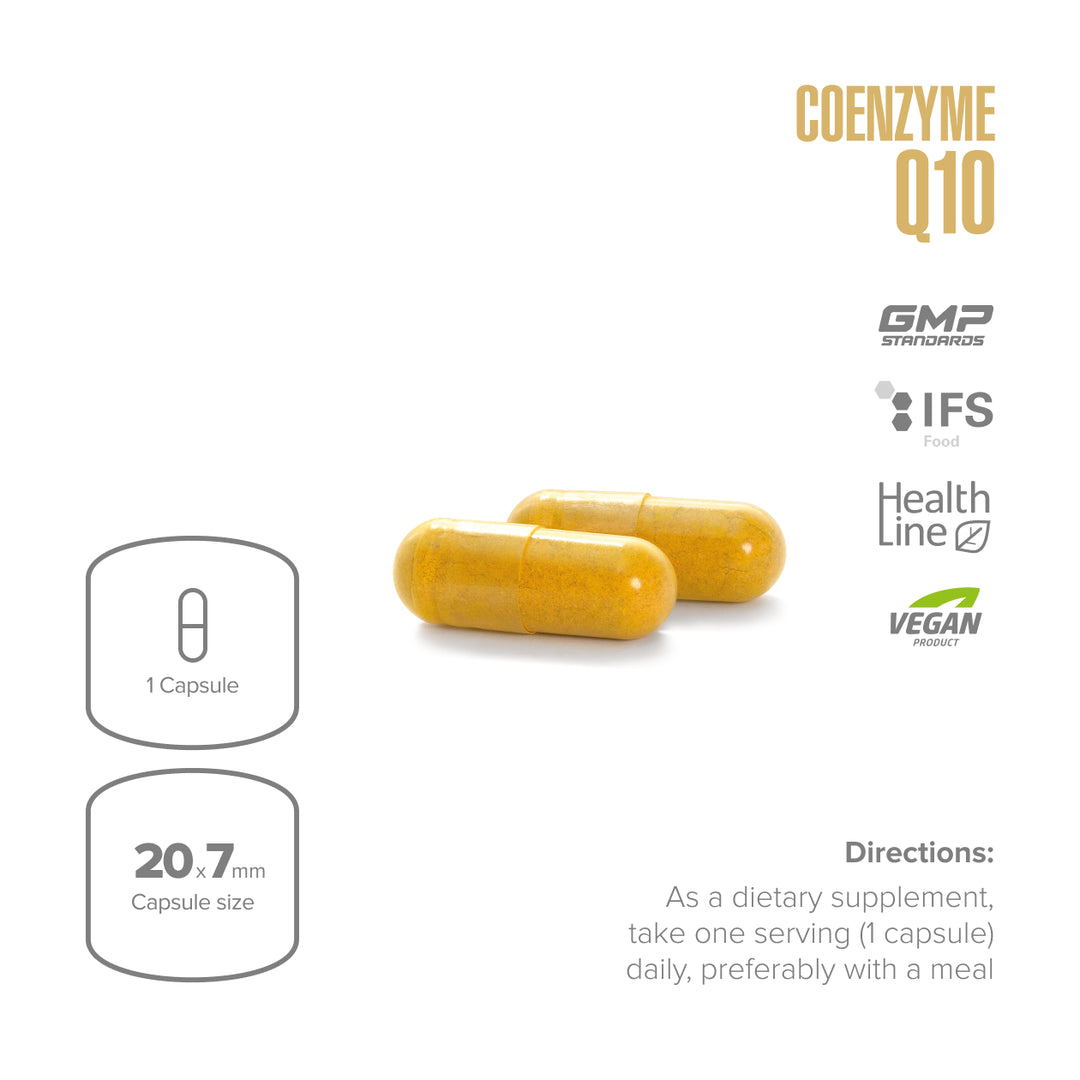 Coenzyme Q10 capsules with product details on a white background