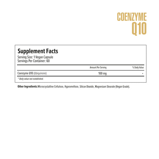 Supplement facts label for Coenzyme Q10 on a white background