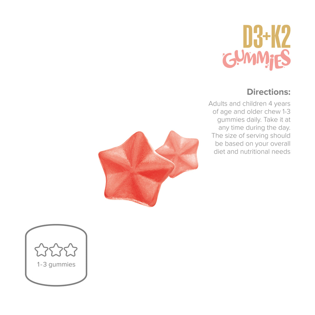 Star-shaped gummies with D3+K2 branding and usage instructions on a white background