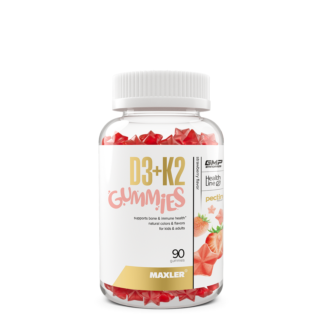 Bottle of D3+K2 Gummies with a white background