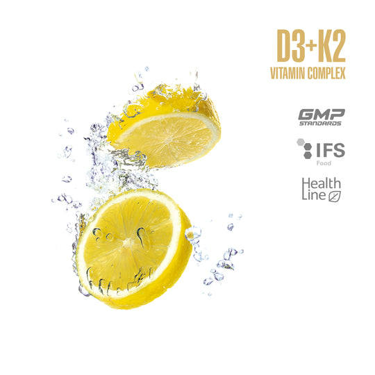 Two lemon slices with water droplets and certification logos on a white background