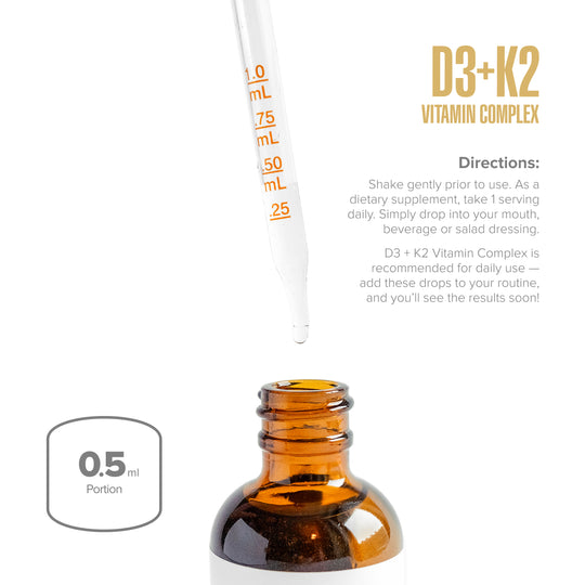 Amber glass bottle with dropper labeled 'D3+K2 Vitamin Complex' on a white background.