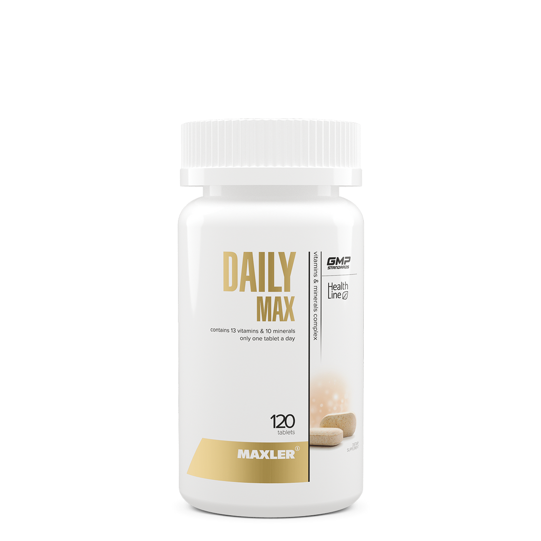 White supplement bottle labeled 'Daily Max' with gold text on a white background