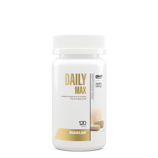 White supplement bottle labeled 'Daily Max' with gold text on a white background