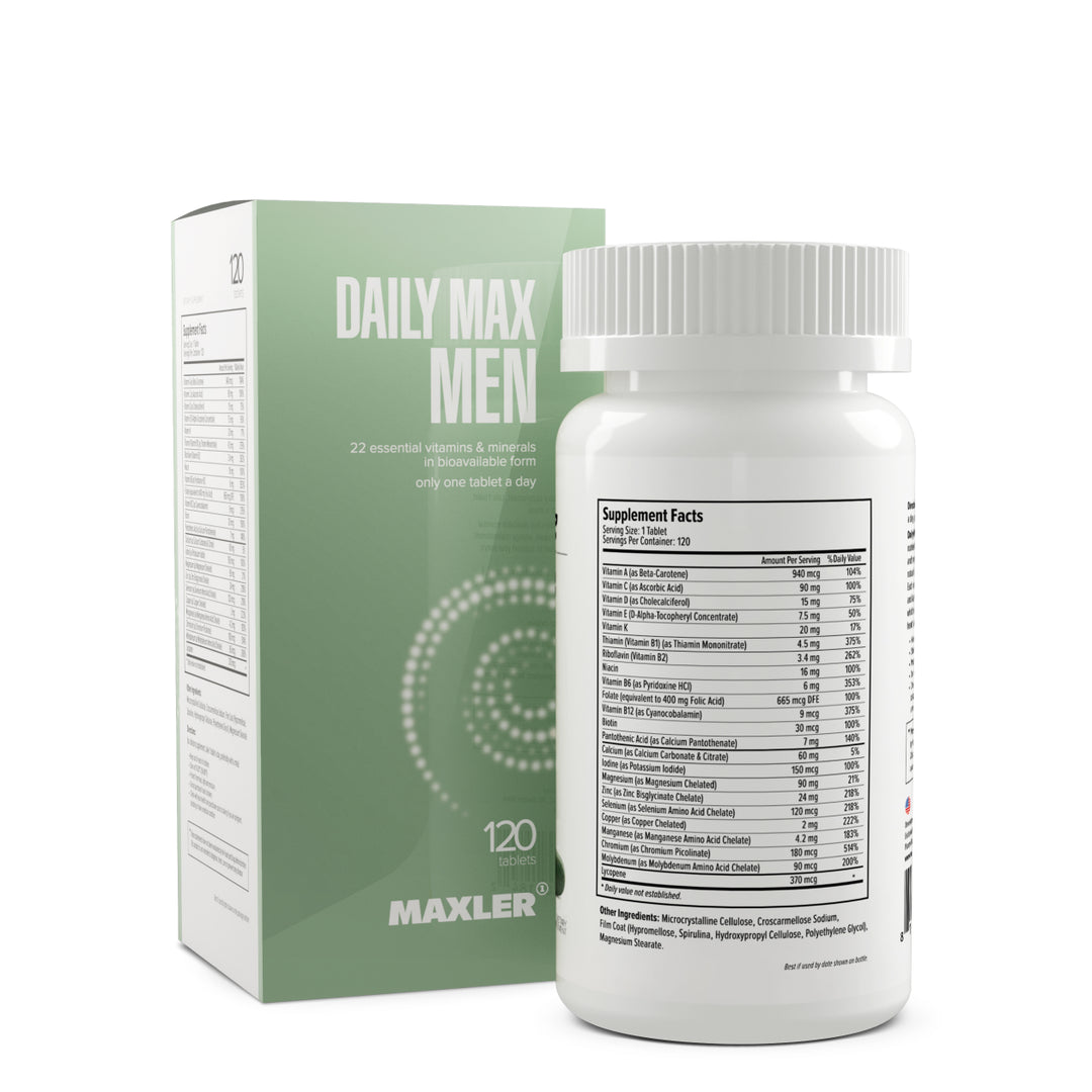 Maxler Daily Max Men supplement bottle and packaging on a white background