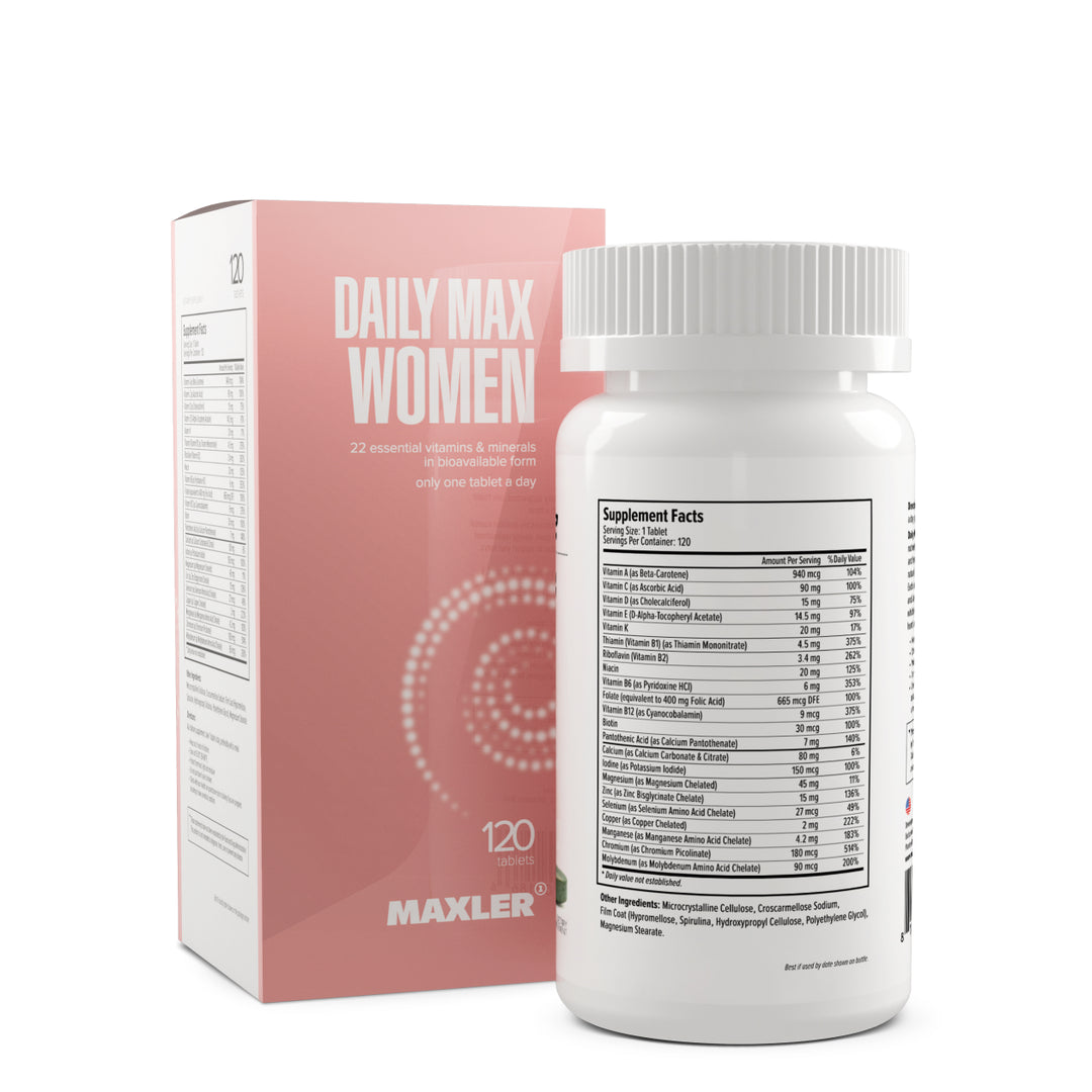 Maxler Daily Max Women supplement bottle and packaging on a white background