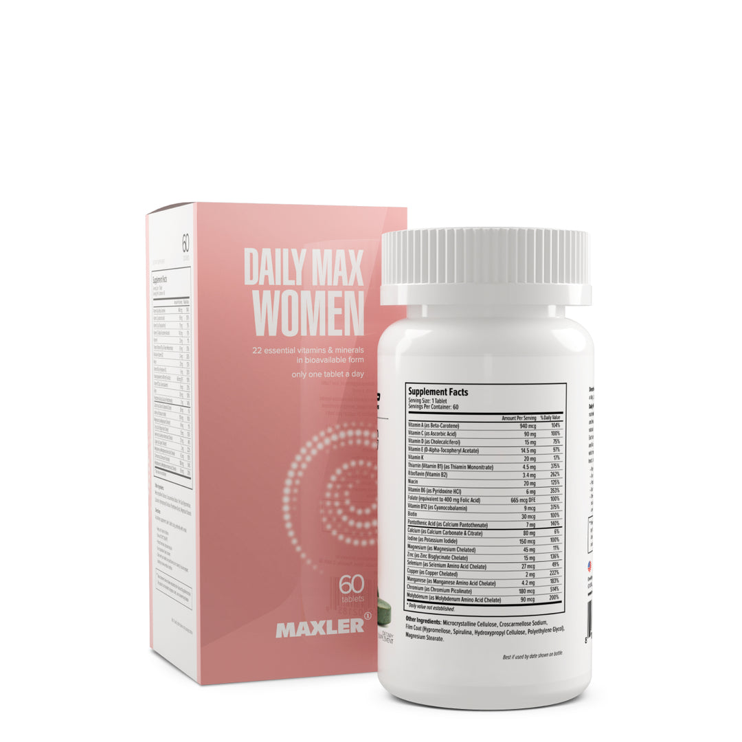 Maxler Daily Max Women supplement bottle and packaging on a white background