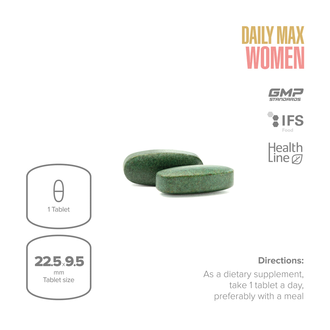Green dietary supplement tablets with product details on a white background