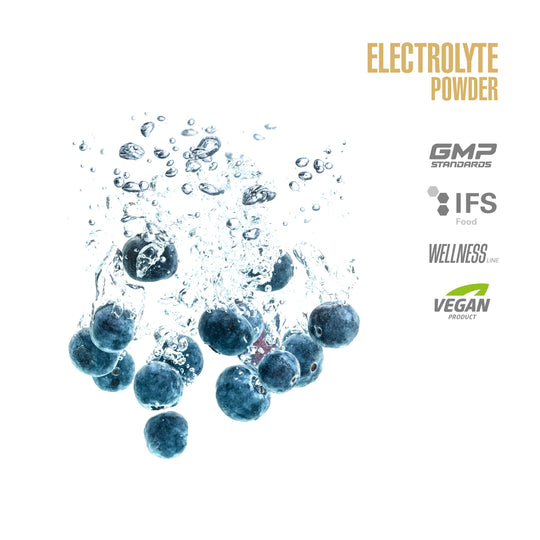 Electrolyte powder packaging with blueberries and water splash on a white background, featuring certification logos.