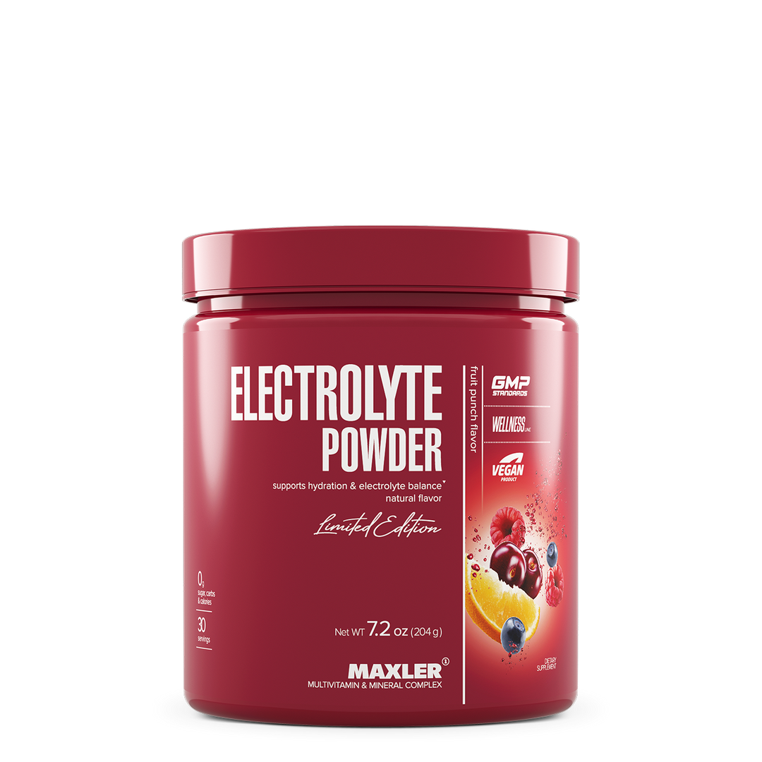Red container of Maxler Electrolyte Powder on a white background