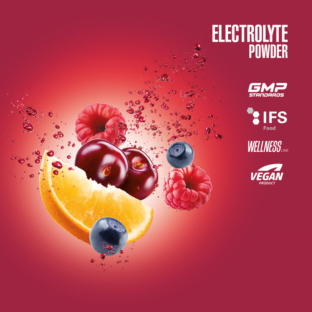 Fruit with electrolyte powder text and logos on a red background