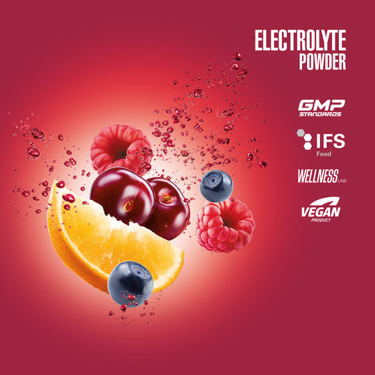 Fruit with electrolyte powder text and logos on a red background