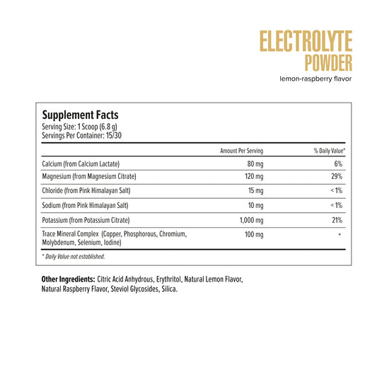 Electrolyte powder supplement facts label with lemon-raspberry flavor on a white background.