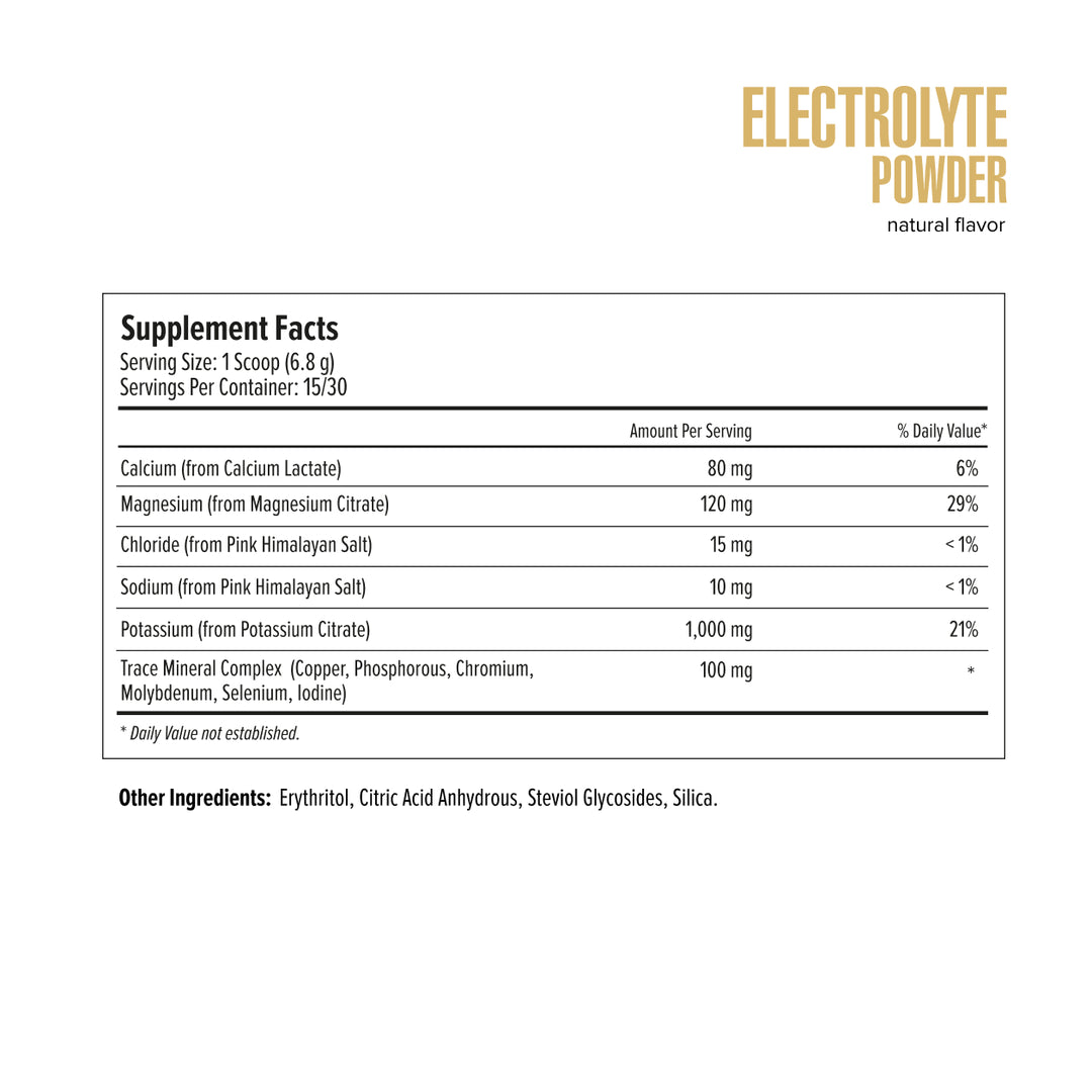 Electrolyte powder supplement facts label on a white background