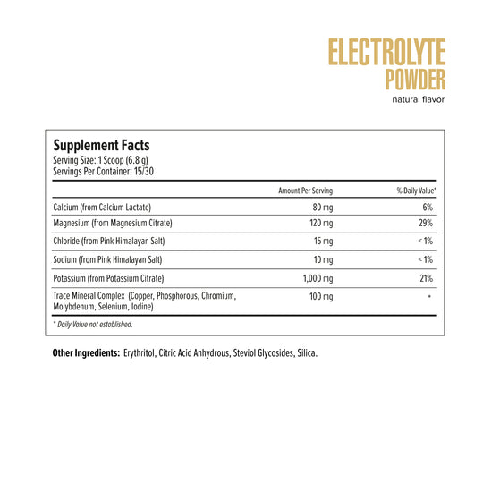Electrolyte powder supplement facts label on a white background