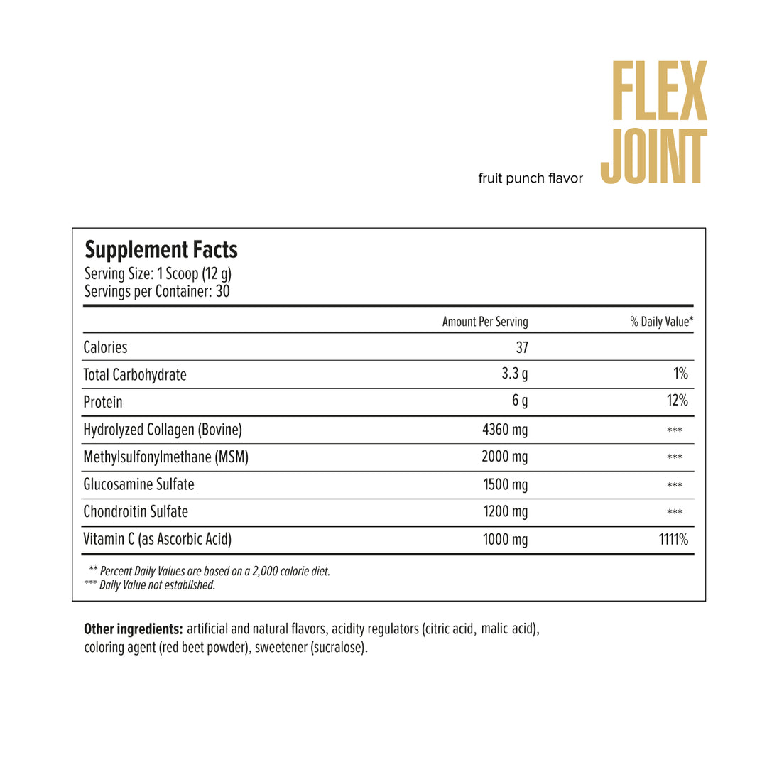 Supplement facts label for Flex Joint fruit punch flavor on a white background