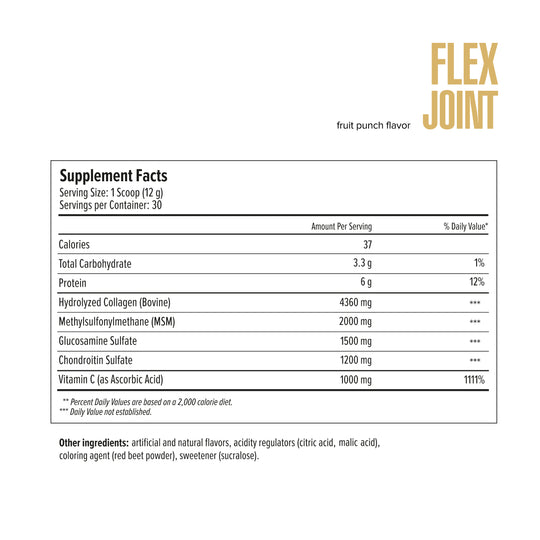 Supplement facts label for Flex Joint fruit punch flavor on a white background
