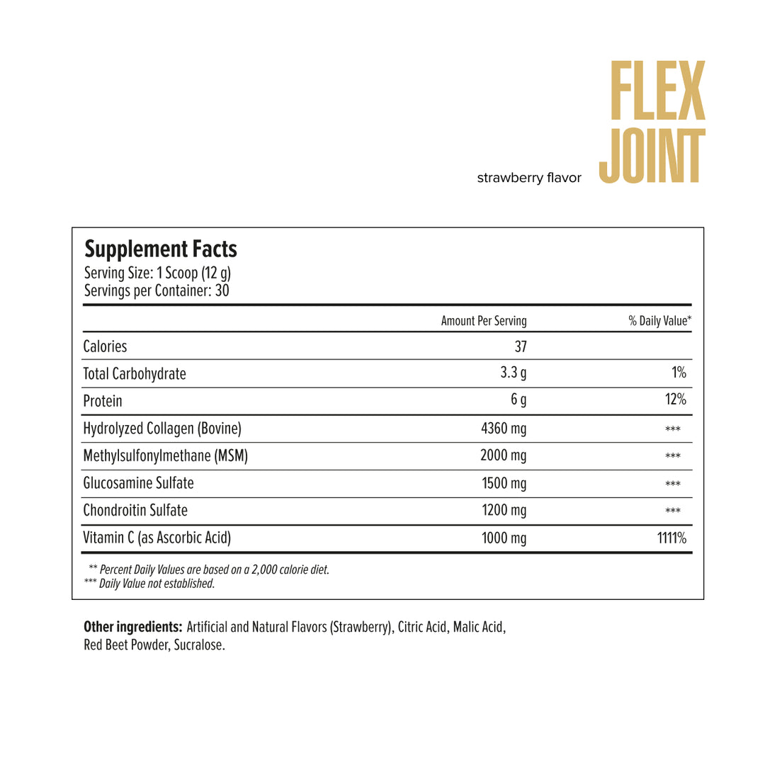 Supplement facts label for Flex Joint in strawberry flavor on a white background