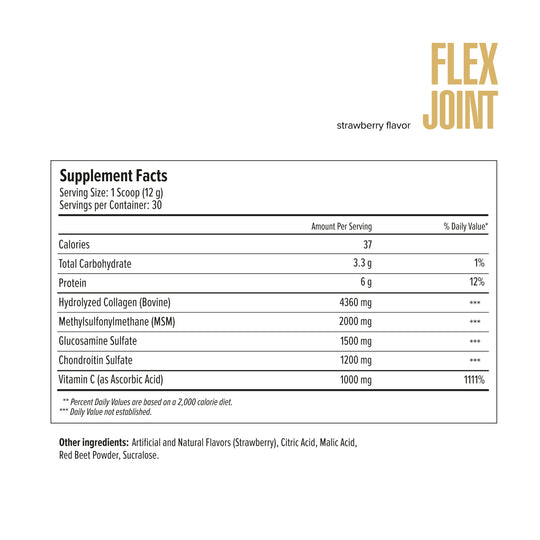 Supplement facts label for Flex Joint in strawberry flavor on a white background