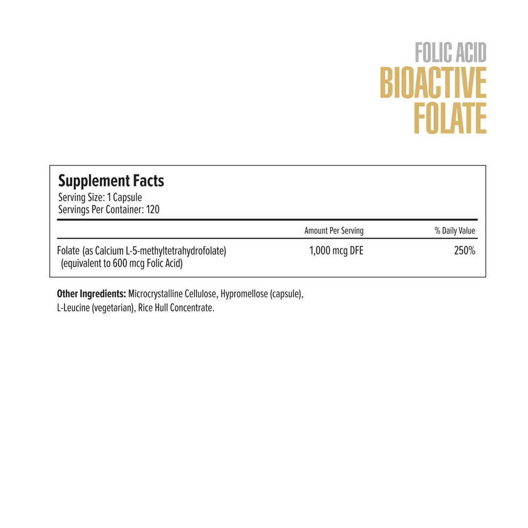 Supplement label for folic acid with serving size, servings per container, and supplement facts.