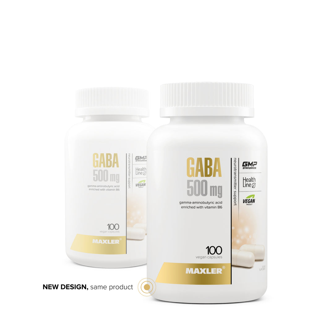 Two bottles of Maxler GABA 500 mg on a white background