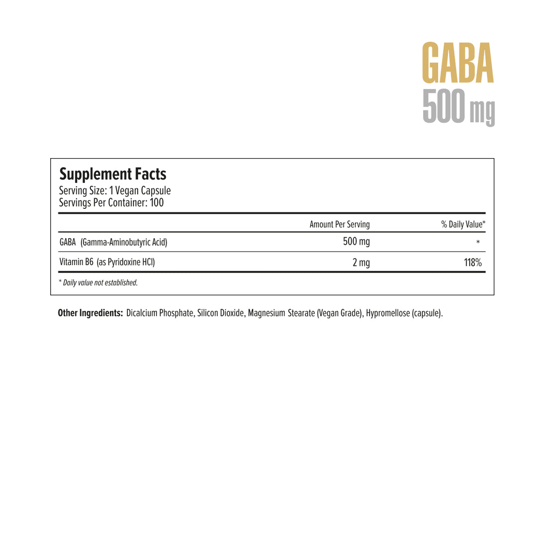 Supplement label for GABA 500 mg with ingredient list on a white background