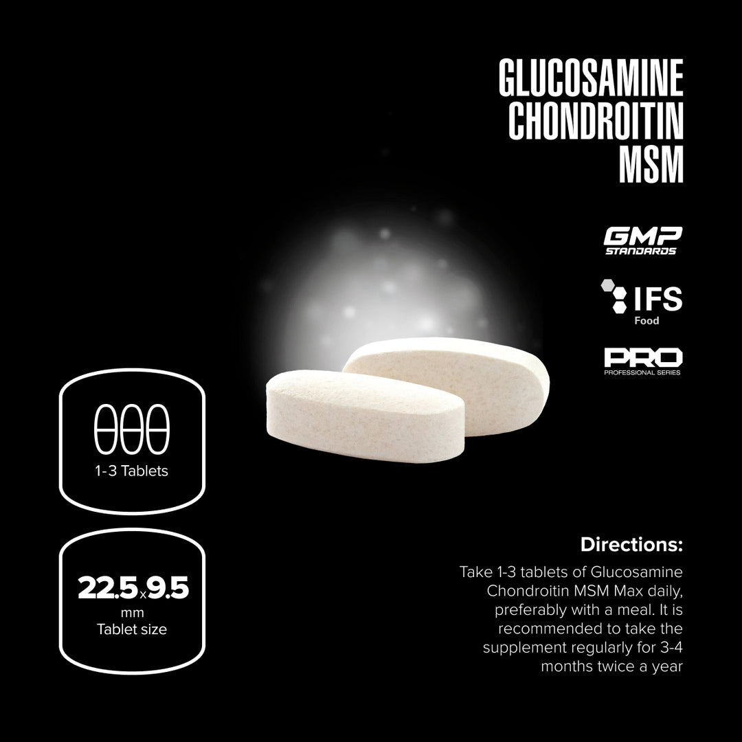 Two glucosamine chondroitin MSM tablets with product details on a black background
