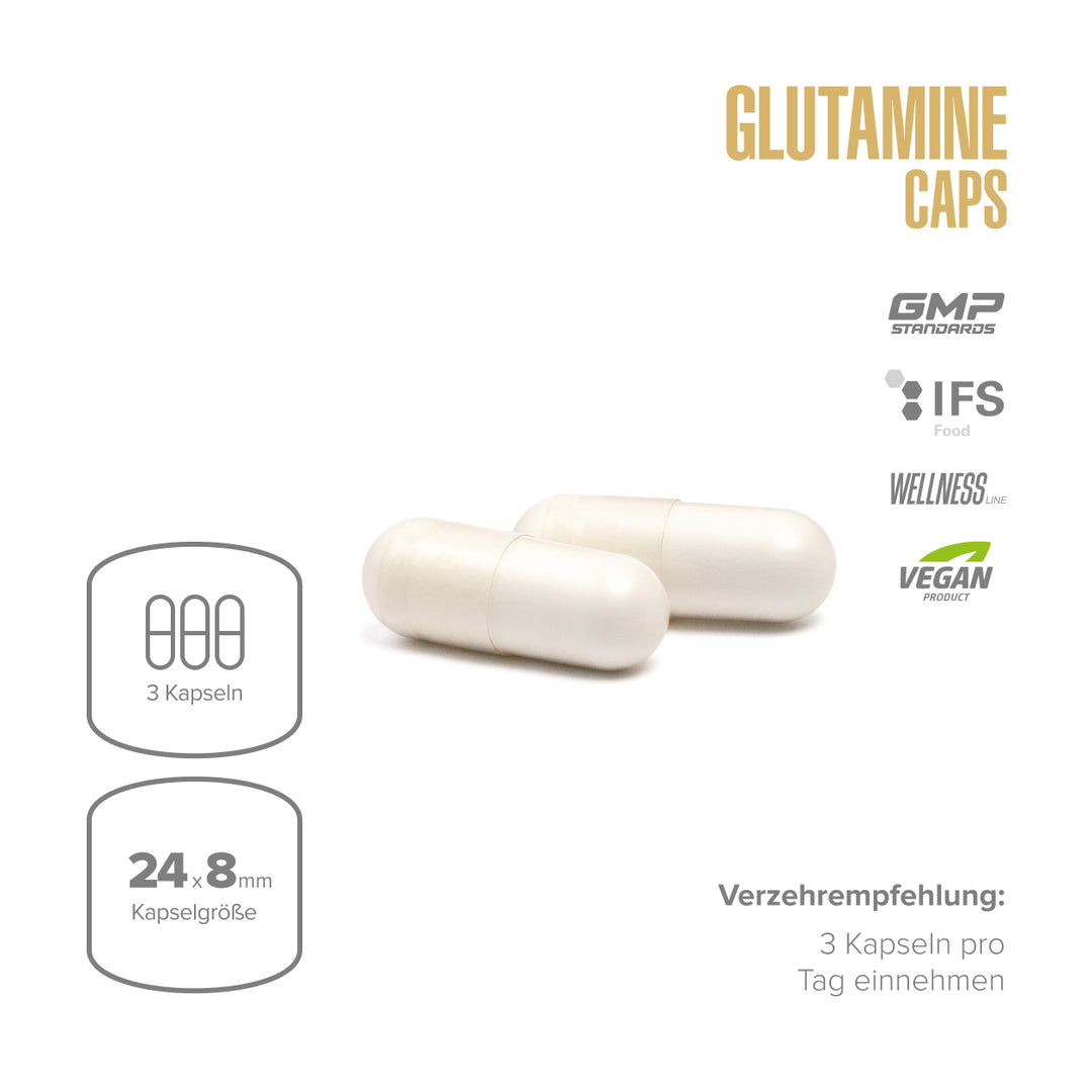 Two glutamine capsules with certification logos on a white background