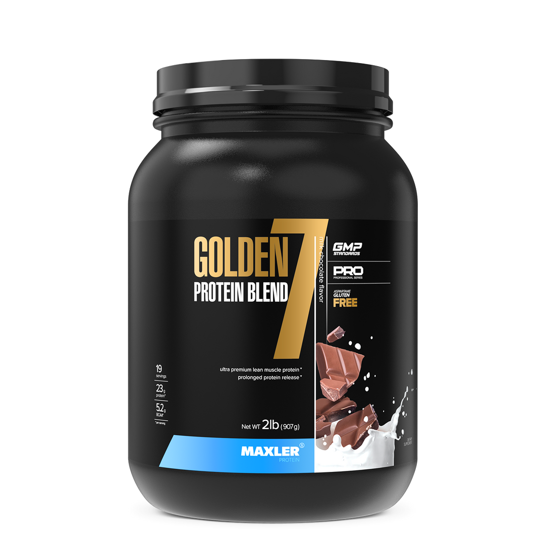 Black container of Golden 7 Protein Blend with Maxler branding on a white background