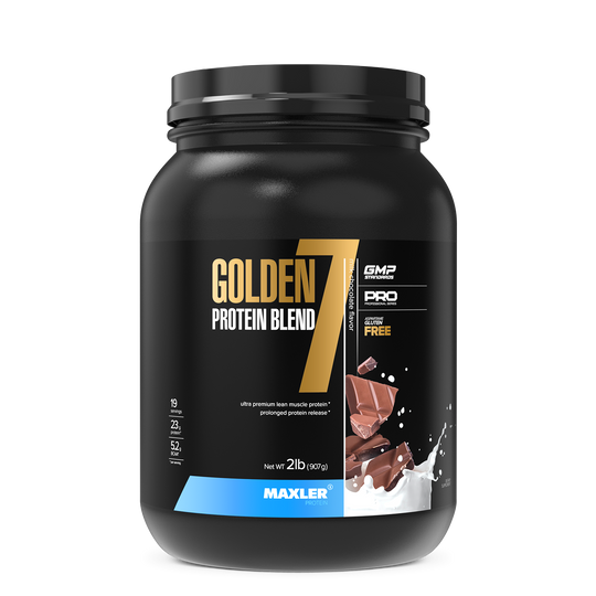 Black container of Golden 7 Protein Blend with Maxler branding on a white background