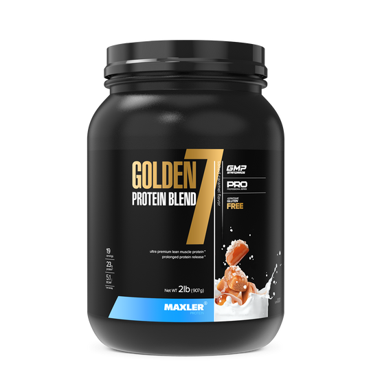 Black container of Golden 7 Protein Blend with branding on a white background