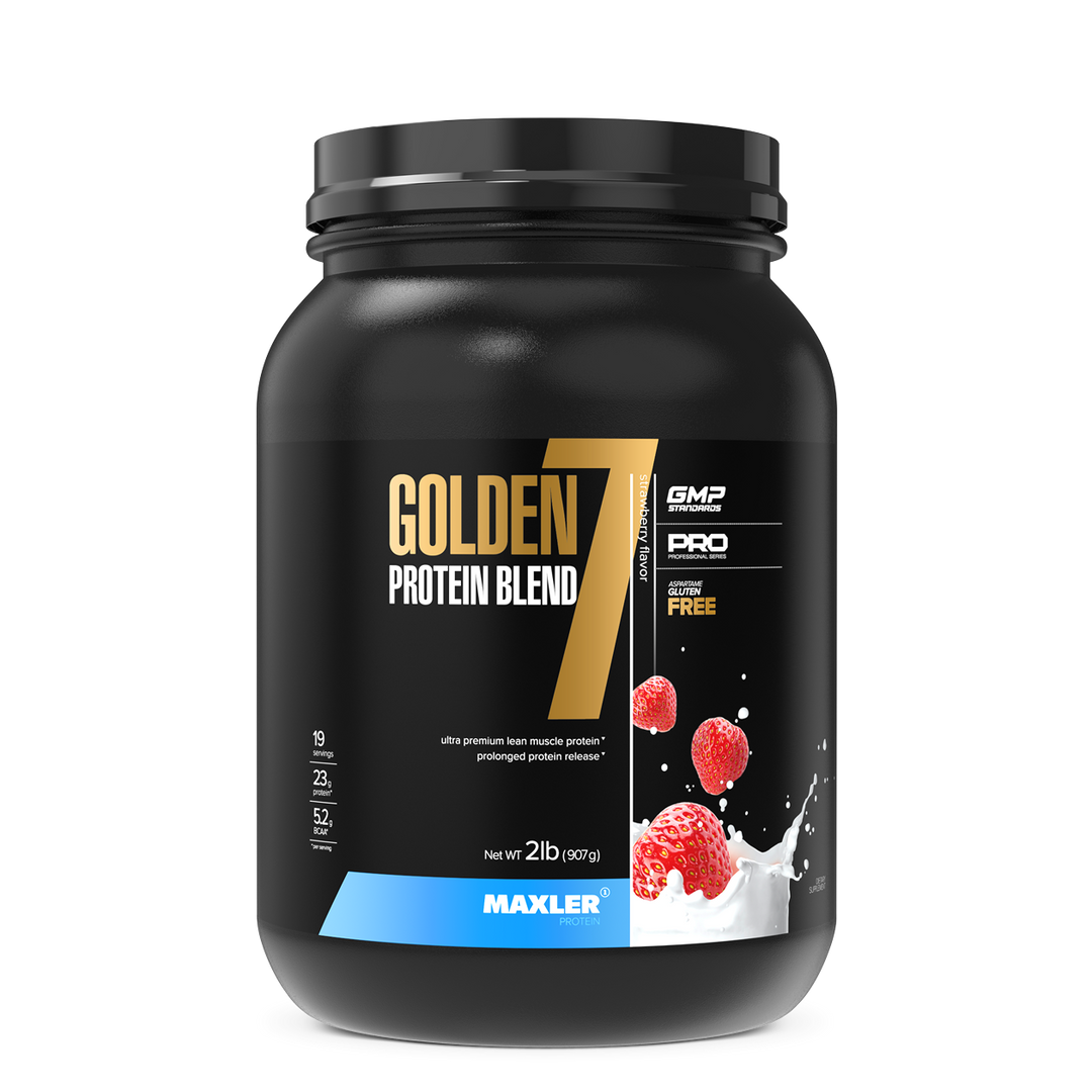 Black container of Golden 7 Protein Blend with Maxler branding on a white background