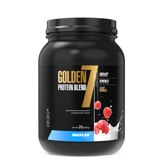 Black container of Golden 7 Protein Blend with Maxler branding on a white background